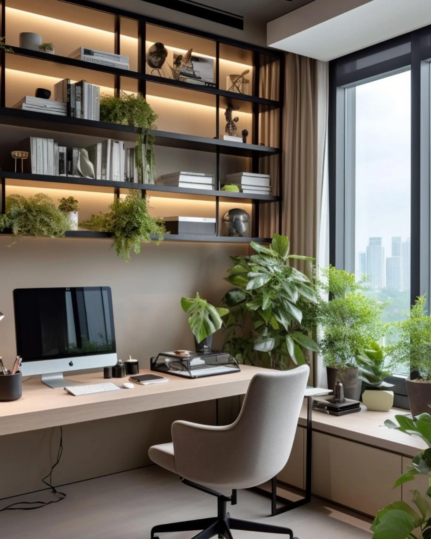 13. دفتر کار مدرن بیوفیلیک با گیاهان و قفسه‌بندی باز