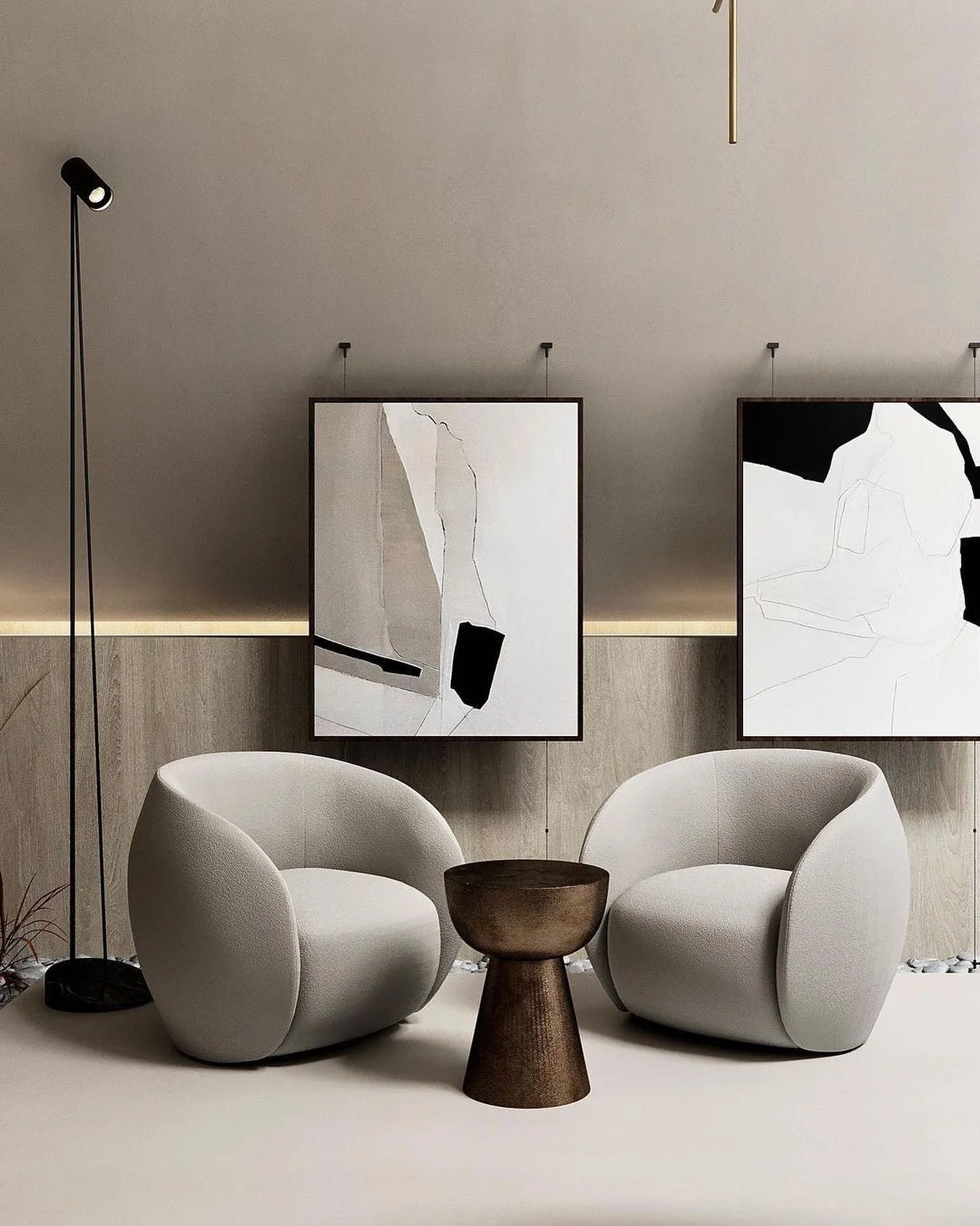 دفتر لابی محور با تمرکز بر هنر و صندلی‌های مجسمه‌ای