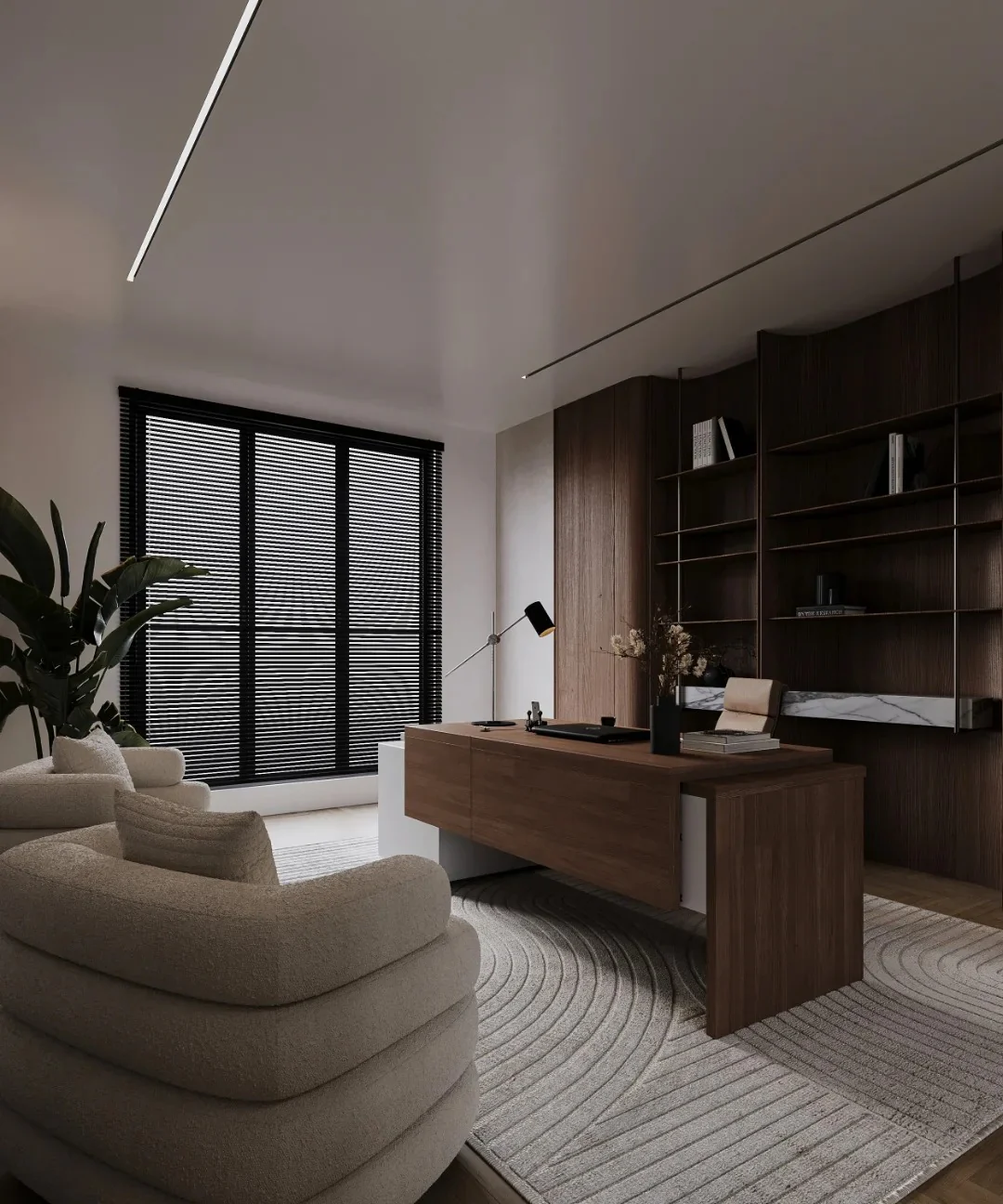 دفتر مدرن لوکس با مبلمان منحنی و جزئیات چوب تیره