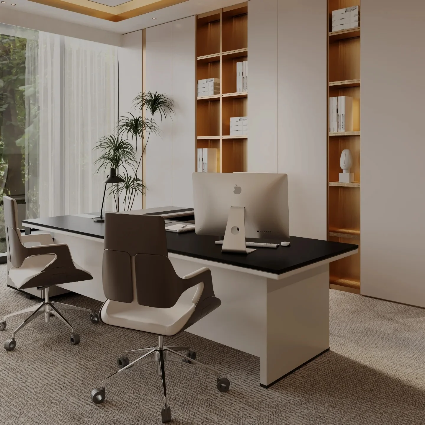 دفتر مینیمالیست سفید با میز مشکی متضاد