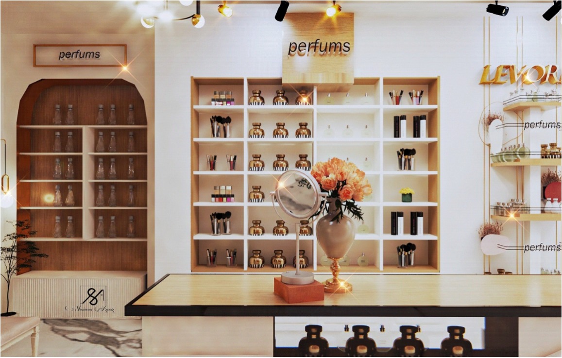 چیدمان قفسه ها در دکور مغازه عطر فروشی